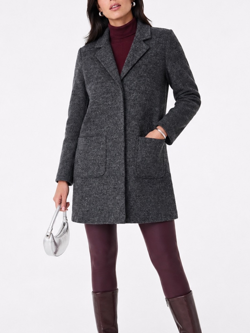 Halogen XS Charcoal Gray Wool Blend Longline Snap Coat Quiet Luxury
